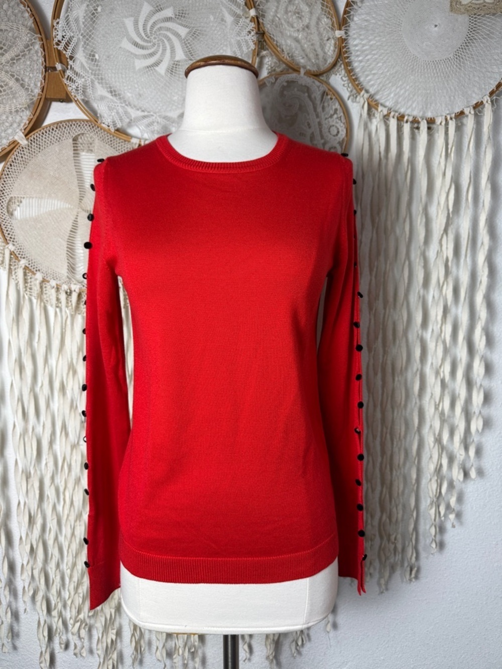 Adeam Coral Red Button Accent Cut Out Sleeve Silk Long Sleeve Knit Sweater M